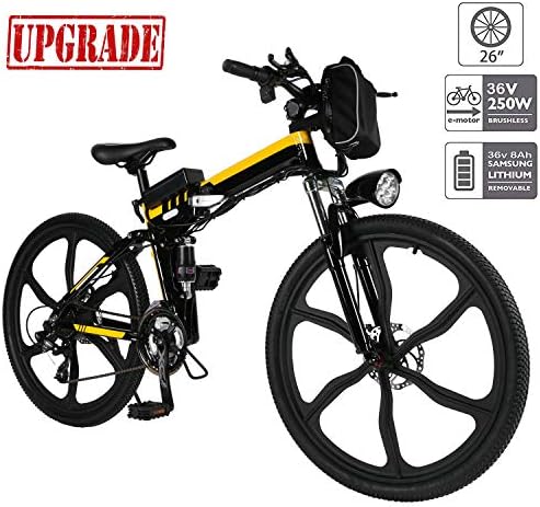 Aceshin Electric Mountain Bike, 26 inch Folding E-Bike Citybike Roadbike with Lightweight Magnesium Alloy 6 Spokes Integrated Wheel, Lithium-Ion Battery (36V 250W), and Shimano 21 Speed Gear (Yellow)