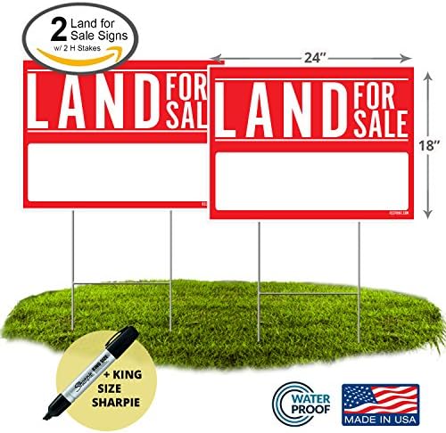 Land for Sale Sign 24"x18" (2 Pack) with Blank Area and 2x H Stakes, with Bonus King Size Sharpie Marker