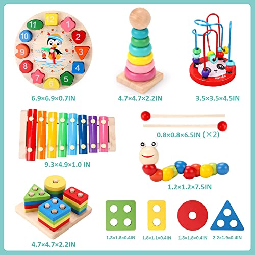 AM ANNA Montessori Toys for 1 2 Year Old Boys Girls, 6 In 1 Kids Wooden Toys Toddler Toys Includes Stacking Sorting Xylophone Bead Maze Baby Boy 3-6 Year,Preschool Educational Toy Gifts