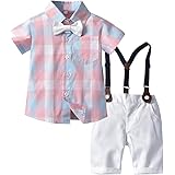 Aliciga フォーマルスーツ 子供服 セットアップ チェック柄 蝶ボウタイ半袖 男の子 シャツ+サロペットパンツ 二点セット 紳士服 肌着 人気 快適 可愛い キッズ服 赤ちゃん ボーイズ 洋服 普段着 出産祝い 結婚式 入園式 イベント