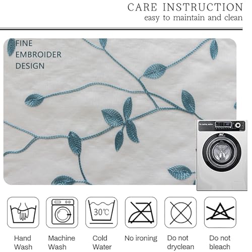 2 Panels Leaf Pattern Semi-Sheer Curtains, 137 x 213 CM Floral Foliage Embroidered Voile Window Drapes for Bedroom & Living Room, Rod Pocket Design, White & Teal