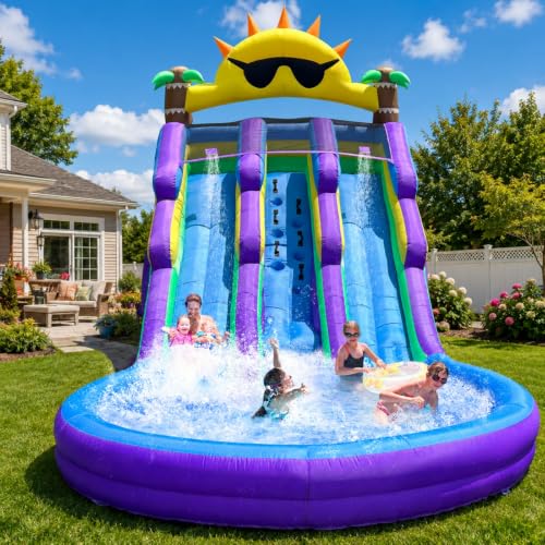 Inflatable Water Slide with Big Splash Pool, Water Slides Backyard Water Slide and Swimming Pool Summer Splash Party (Sun Glassess)