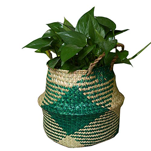 SZETOSY Natural Seagrass Basket - GOODCHANCEUK Seagrass Belly Basket Hand Woven Storage Basket With Handle Toys Laundry Basket Flower Planter Green Rhombus Style#4 22CMX20CM…