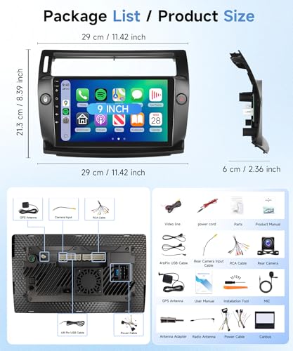 【8 Cœur 6+128G】 pour Citroën C4 2004-2010 Autoradio avec CarPlay sans Fil Android Auto, Ecran Tactile IPS 9'' avec Radio FM/RDS, GPS, Bluetooth 5.0, Caméra de Recul,Noir