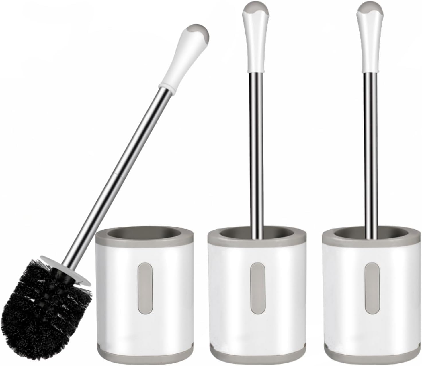 Photo 1 of Toilet Brush and Holder Set, 3 Pack with Stainless Steel Handle Toilet Bowl Brush, Compact Toilet Scrubber Brush for Deep Cleaning Bathroom Restroom, Easy to Assemble White & Gray