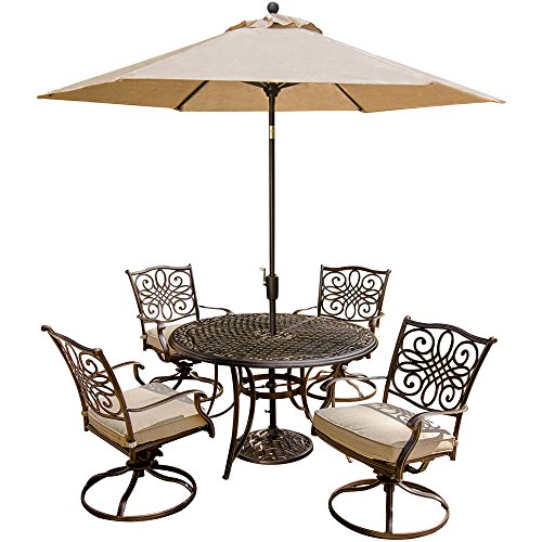 Hanover Outdoor Furniture 5 Piece Traditions Deep Cushioned Swivel Chair Dining Set with Umbrella Hanover Outdoor Furniture 5 Piece Traditions Deep Cushioned Swivel Chair Dining Set with Umbrella
