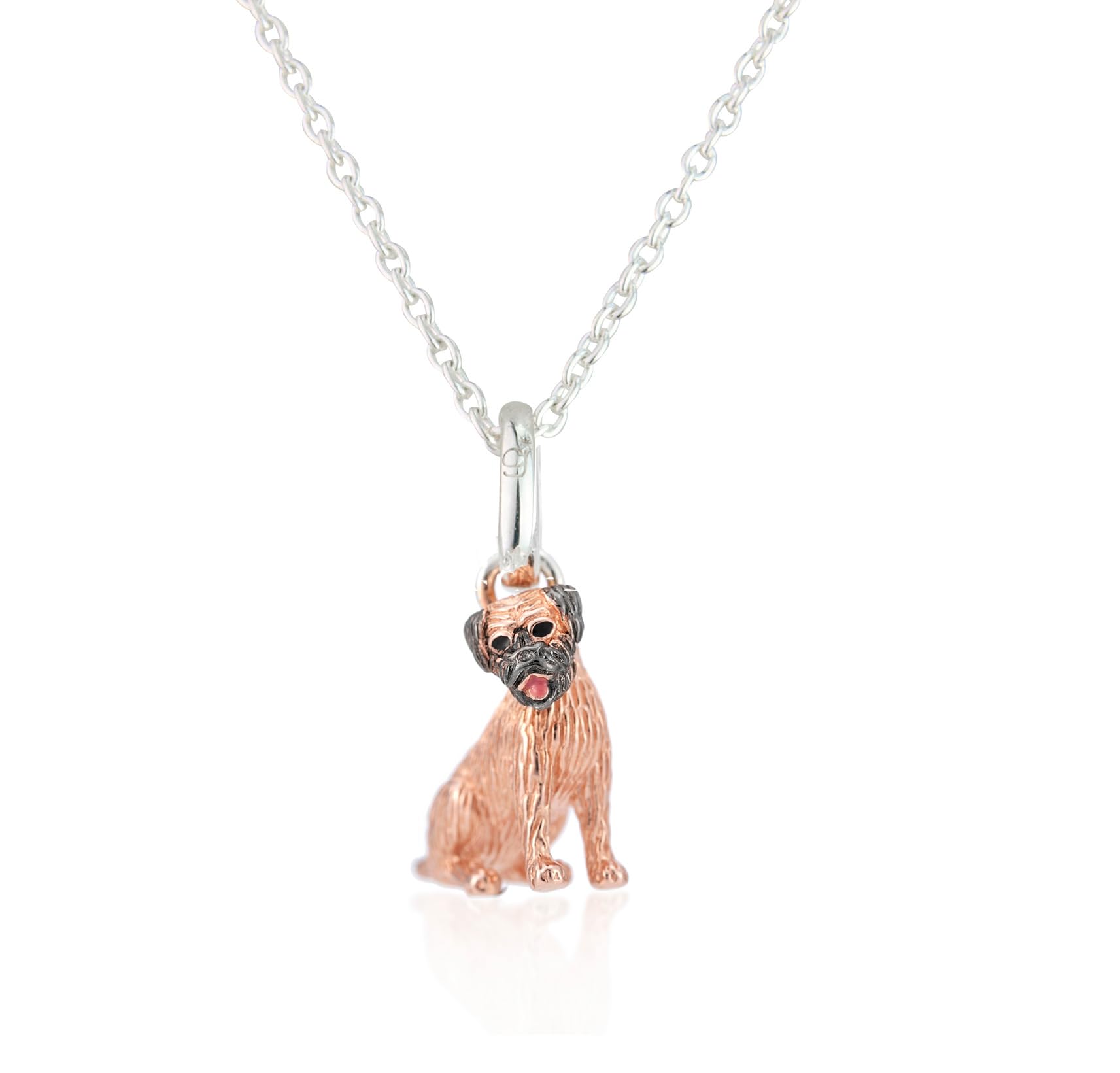 Gemma J Silver Border Terrier Dog Pendant with rose gold plating and on an adjustable silver chain.