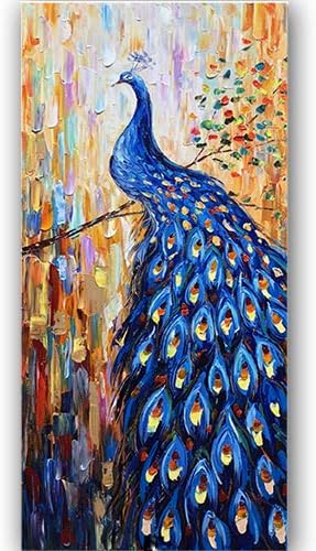 Paintings - Dark Blue Peacock Canvas Wall Art Animal Bird Paintings 3D Textured Handmade Oil Paintings On Canvas Modern Home Decor Art Pictures Wall Decor for Living Room Hallway Stretched and Framed 24