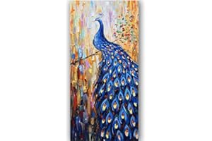FAICAI ART Dark Blue Peacock Canvas Wall Art Animal Bird Paintings 3D Textured Handmade Oil Paintings On Canvas Modern Home Decor Art Pictures Wall Decor for Living Room Hallway Stretched and Framed 20"x40"