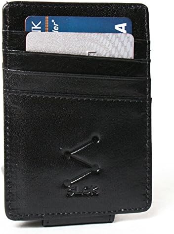 Italian Leather Slim Wallet with Magnetic Money Clip and 6 Card Slots (Black)