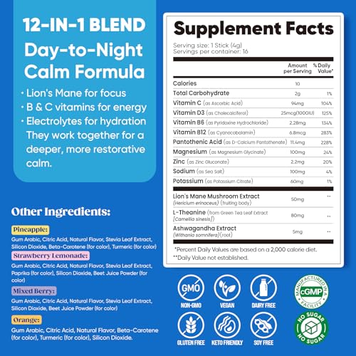 Venture Pal Calm Drink Mix, 12-in-1 Cortisol Reducer and Sleep Aid with Magnesium Glycinate, Ashwagandha, L-Theanine,Vitamin D, Calm Magnesium Powder for Relax & Focus, No Sugar, Non GMO