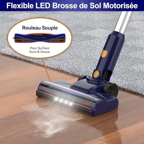 Aspirateur Balai sans Fil, aspirateur sans Fil Puissant, Aspirateur Pliable, 40Min Autonomie, Brosse Anti-emmêlement, 6 en 1 Aspirateur sans Sac Léger Silencieux pour Sol Dur Tapis Poils d'animaux(BM)