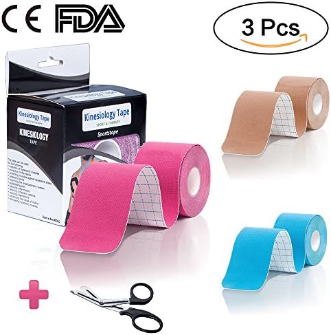 Kinesiology Tape, MANFIELD Sports Tape for Running Swimming and Weight Lifting, Physio Therapy Elastic Tape for Pro Athletes, Strong Adhesive After Shower (BEIGE+BLUE+PINK)