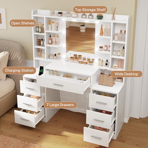 TEENFON 47.2” Large Vanity Desk with 7 Drawers & 15 Open Shelves, Makeup Vanity with 10 LED Lights & Power Outlet, Vanity Desk with Mirror and Lights, Dressing Table for Bedroom, White