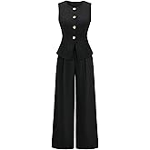 Floerns Women's 2 Piece Outfit Metal Button Up Suit Vest & Pleated Wide Leg Pants Set
