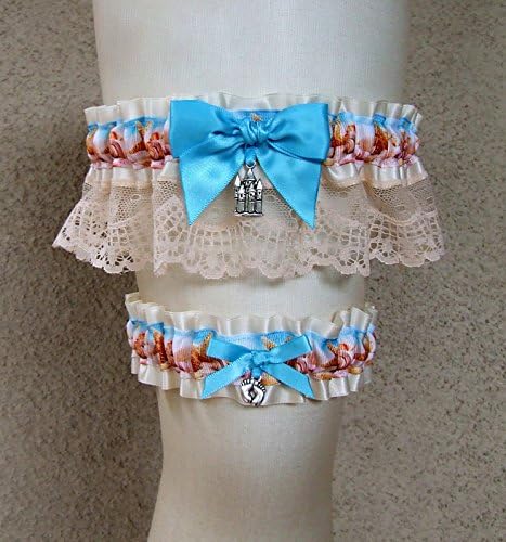 Beach Wedding Garter Set in Turquoise and Beige with Sandcastle and Barefeet charms