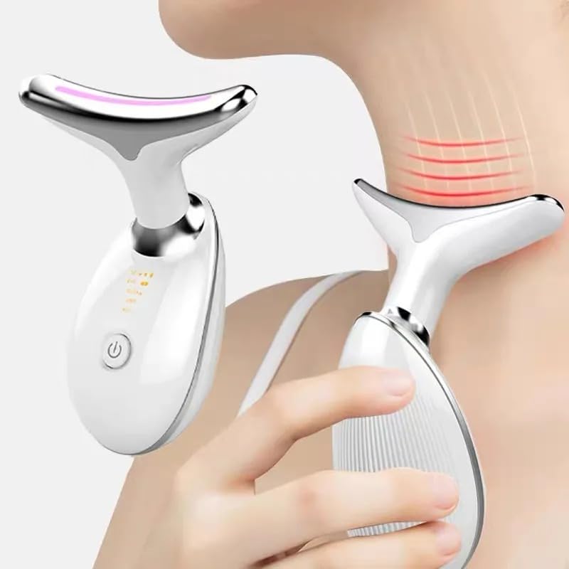 Massageador Facial LED 3 Cores com EMS e Aquecimento, Lifting Facial, Redução de Rugas e Papada, Estimulador de Colágeno Recarregável para Pescoço