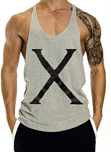 InleaderAesthetic Men's Gym Bodybulding Stringer Y-back Fitness Muscle Sleeveless Cotton X Logo Workout Tank Top Vest-GreyBlack-S