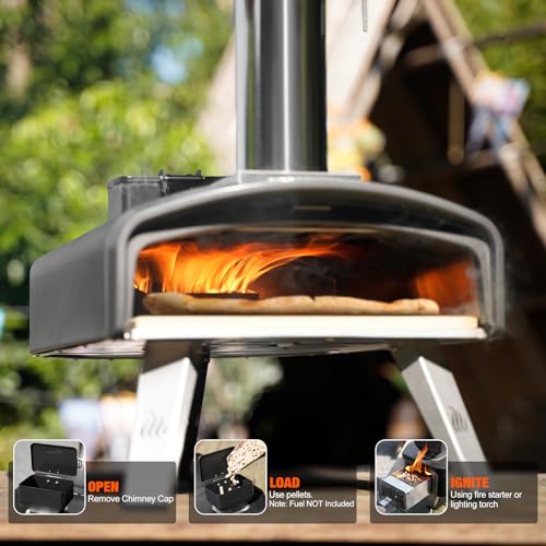 Mimiuo Outdoor Pizza Pellet Oven with Pizza Stone 33 cm, for Baking, Bread, Camping, Barbecue, Garden, Portable Oven Pizza Wood, Black