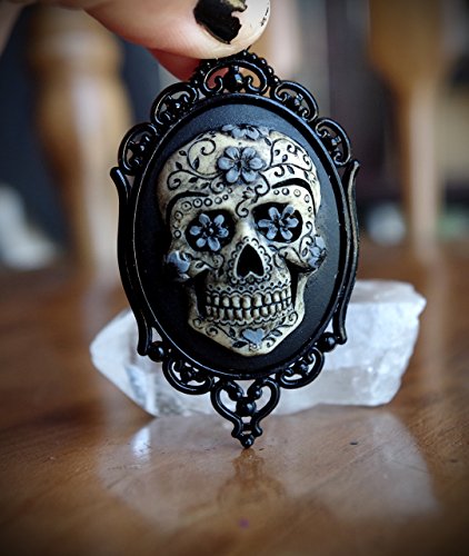 Gray and Black Sugar Skull Dia De Los Muertos Day of the Dead Hand Made Cameo Necklace
