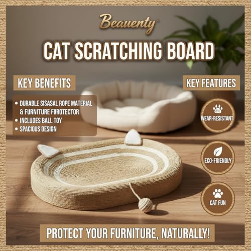Beauenty Oval Cat Scratch Pad, Cat Scratcher Cardboard, Multifunctional Bed and Furniture Protector, Durable Sisal Material, with Ball Toy and Spacious Design for Fun and Rest