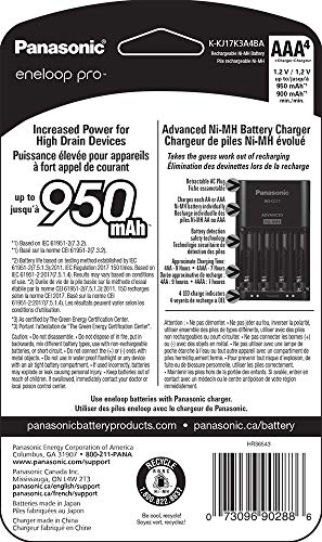 eneloop K-KJ17K3A4BA Panasonic Advanced Battery Charger Pack with 4 AAA Pro High Capacity Ni-MH Rechargeable Batteries