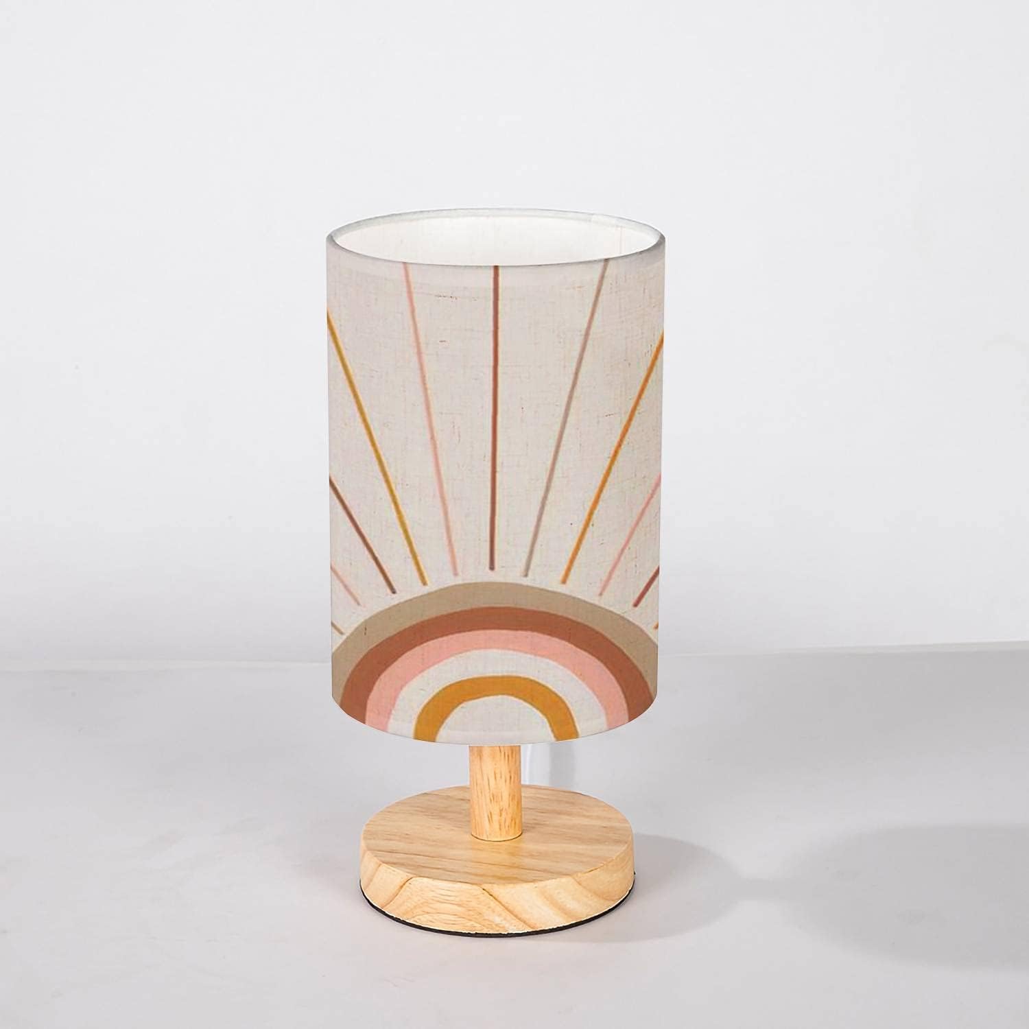Photo 1 of Cute Minimalist Bedside Table Lamp Boho Magic Rainbow Sun and Rays Abstract Geometric Solid Wood Nightstand Lamp Bedside Desk Lamps Wood Base Flaxen Fabric Shade for Girls Bedroom Nursery Living Room