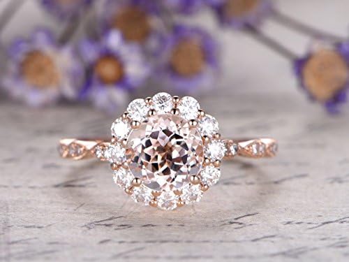 7mm Round Cut Natural Pink Morganite Solid 14k Rose Gold Floral Moissanite Halo Marquise Retro Antique Engagement Ring Bridal Promise Wedding Band