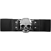 Chrome Skull Black Elastic Waist Belt Kreepsville Costume Gothic Horror Fashion (S-M (24-30 IN))