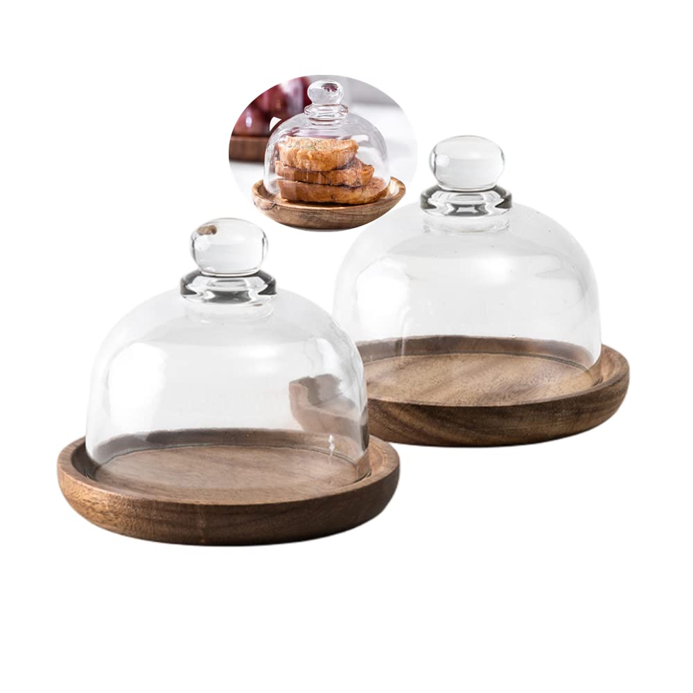 Rikyo 2 Sets Mini Cake Stand,Cake Plate Server Platter with Dome,4" Wood Cake Stand with 3.25" Glass Dome Cover,Cupcake Display Plate with Lid,Cake Holder with Base,Dessert Stand