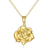 KQF 14K Real Gold Rose Necklace 14ct Solid Gold Flower Necklace Pendant Jewelry Birthday Gift for for Her Women