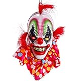 Halloween Haunters Hanging Scary Circus Clown Head with Spooky Face and Flashing Multi-Color LED Eyes Prop Decoration - Menacing Ghoul Smile, Polka Dot Collar - Haunted House, Entryway, Party Display