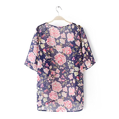 HTDBKDBK Women Causal Floral Print Short Sleeve Short Kimono Loose Cardigan Chiffon Top Blouse Shawl Cover Up Blue - Thumbnail 4