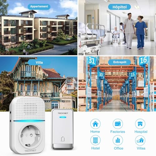 TECKNET 400m Wireless Doorbell IP65 Waterproof Electronic Chime Door Bell with Charging Function and LED Light, 60 Melodies at 5 Levels Volume