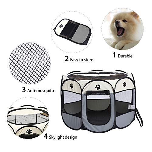 Portable Foldable Pet Dog Cat Playpen Crates Kennel Playpen Tent House Playground, Indoor and Outdoor Use, Gray and White (35.8X 22.8 inch)