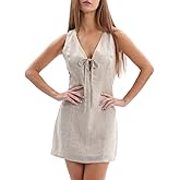 Amazhiyu Womens 100% Linen Summer V Neck Tie Front Sleeveless Mini Tank Dress Flax, Medium