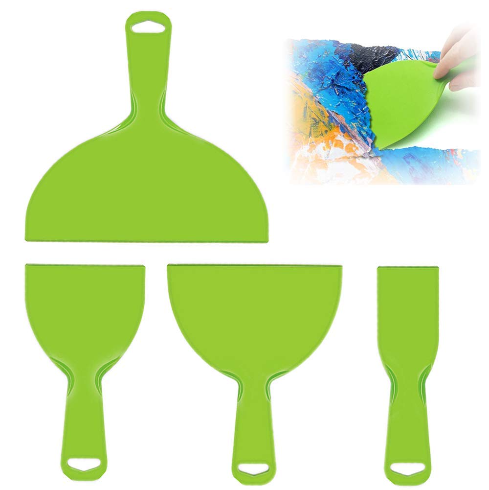 Flexible Plastic Paint, 4Pcs Set Flexible Scraper Tool, Plastic Scraper, Filler Tool, Plastic Scraper Tool, Plastic Putty Knife Set for Decals, Wallpaper, Baking, Wall and Car Putty Green