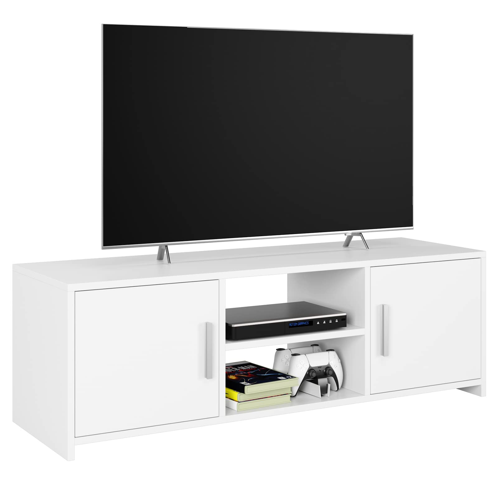 Mueble-TV-Mesa-Television-Mueble-Salon-Moderno-Madera-con-2-Puertas-1-Estante-Blanco-110x35x36cm