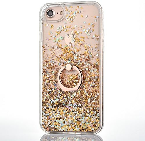 GreenDimension Gold Cool Quicksand Moving Stars Bling Glitter Floating Dynamic Flowing Liquid Stand Shock Absorption Hard Slim Clear PC Cover with Soft TPU Bumper + Kickstand Ring Holder For iPhone 7