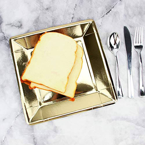 Pack of 100 Gold Disposable Shiny Foil Paper Plates, Square 9", Party Supplies for Appetizer, Lunch, Dinner, or Dessert