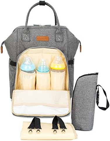 ANEMEL Baby Diaper Bag Backpack Multifunction Travel Back Pack for Mom and Dad, Stylish Waterproof Baby Nappy Bags with Changing Pad and Bottle Bag,Insulated Pocket and Stroller Straps (Grey)