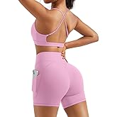 OMKAGI 2 Piece Workout Sets for Women Open Back Padded Sports Bras Booty Shorts with Pockets Gym Outfits
