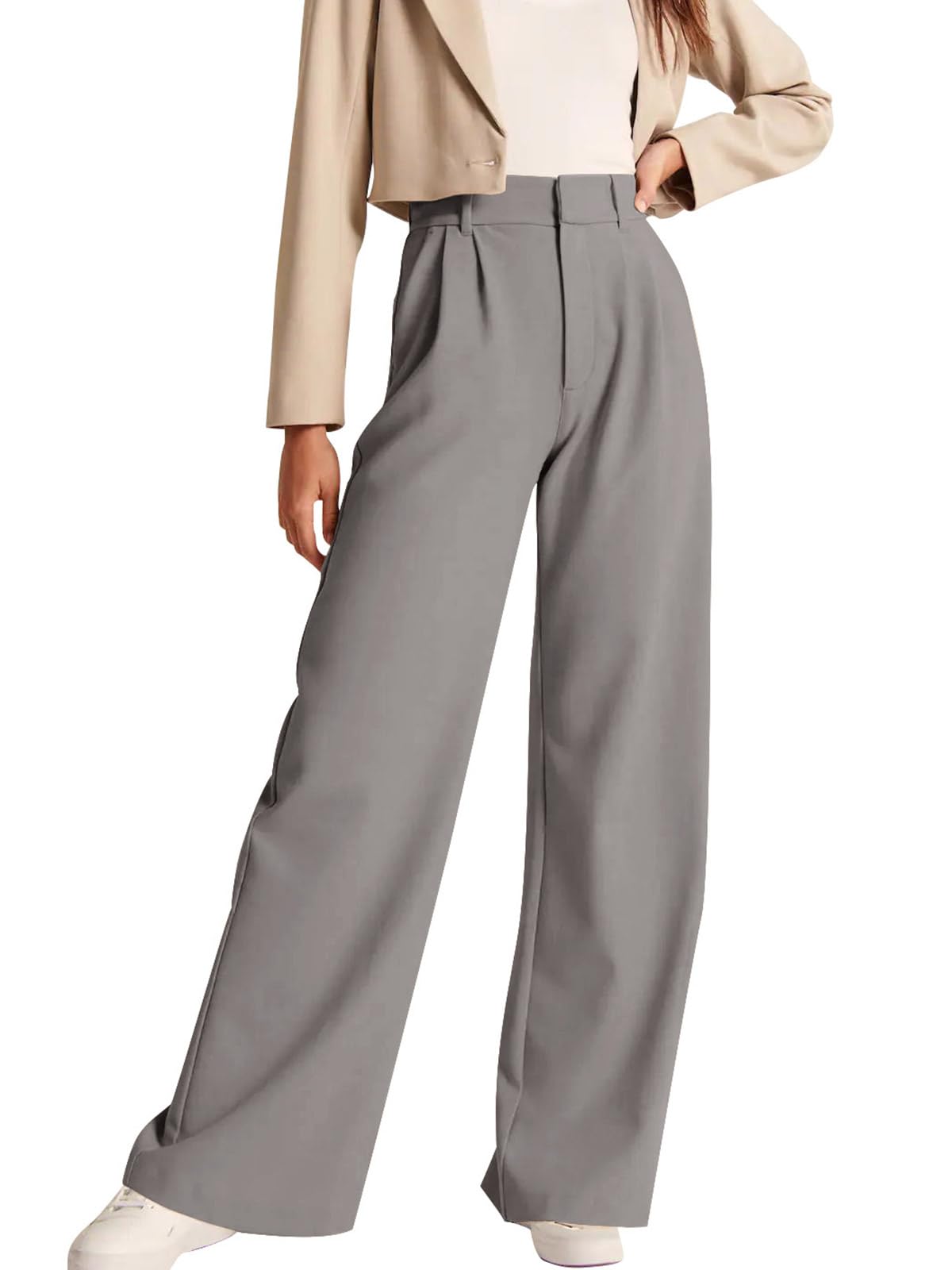 Photo 1 of NIMIN Women's High Waisted Work Pants Office Business Casual Dress Pants Wide Leg Trousers 2025 Fashion Outfits with Pockets Grey X-Small