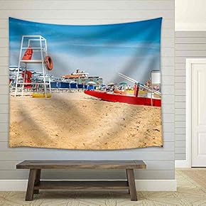 Safety Equipment on The Beach.Life Jacket and Belt - Fabric Wall Tapestry Home Decor - 51x60 inches