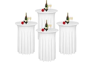 Albassa 4 Pack Cocktail Table Covers 32"x 43" Spandex Stretch Round Cocktail Tablecloths with Wavy Drapes Fitted High Top Bar Table Skirt for Wedding Party Banquet (White, 4 PCS)