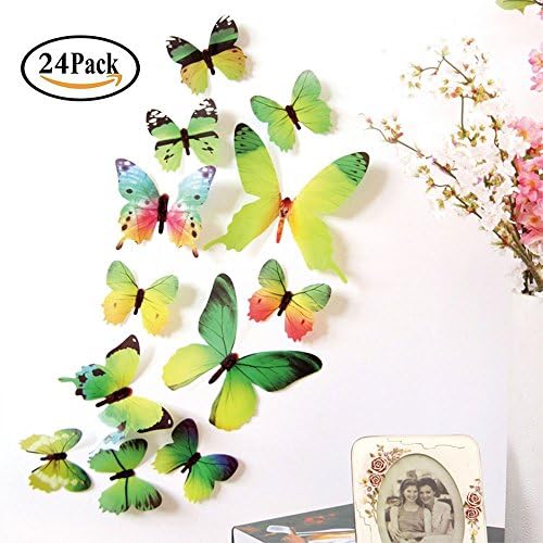 Neele 24 PCS 3D Butterfly Removable Mural Stickers Wall Stickers Decal Wall Decor for Home and Room Decoration (Green)