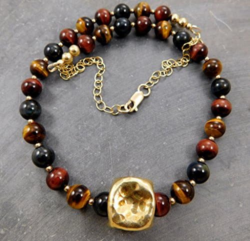 Sterling Silver Vermeil Nugget Multi Color Tigers Eye Gold Filled Bead Necklace