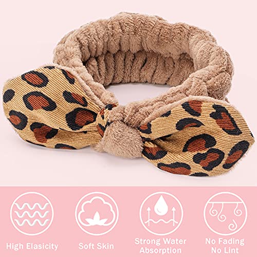 Shindel 6PCS Bowknot Leopard Spa Headbands, Coral Fleece Facial Makeup Headband Leopard for Yoga Sports Shower