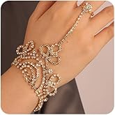 Chargances Gold Elegant Rhinestone Finger Ring Bracelet Shining Crystal Hand Chain Bracelet Wedding Party Bridal Hand Bangle Accessories (Style 1) (1)