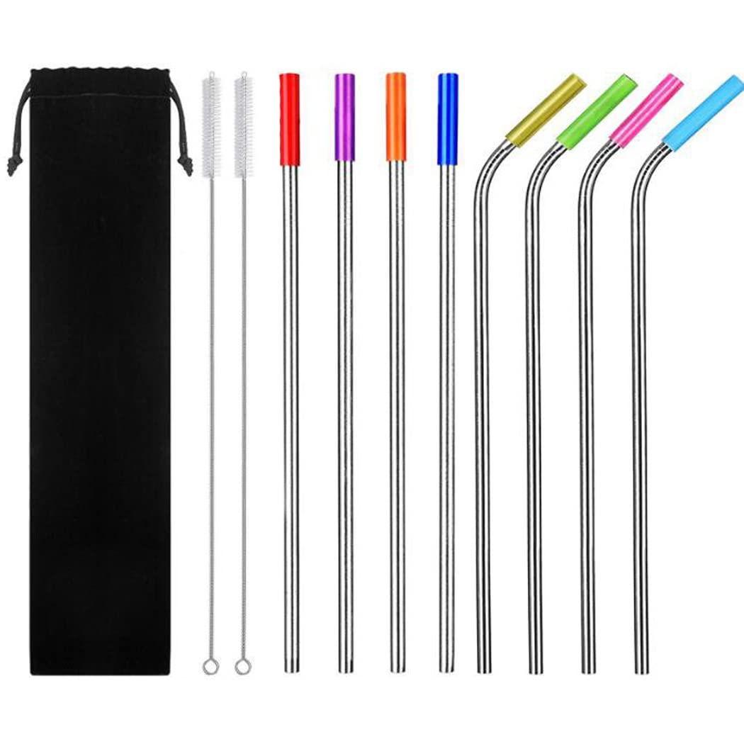 Hoshen 8-Pack Reusable Stainless Steel Straws, 8.5" 6mm Curved/Straight Straw Combination, Fits 20 24 30 Oz Tumbler Cups (4 Straight/4 Curved/2 Brushes/8 Silicone Mouth/1 Bag)